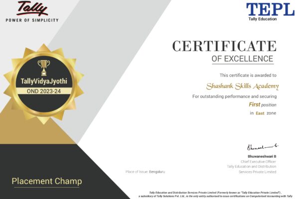 SHASHANK SKILLS ACADEMY HONORED WITH TALLYVIDYAJYOTHI PLACEMENT CHAMP AWARD BY TALLY EDUCATION- BENGALURU